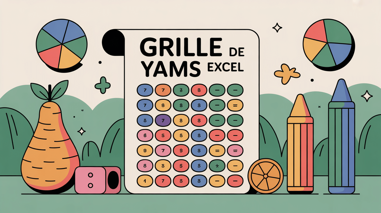 Illustration grille yams à imprimer excel avec dés et feuille de calcul