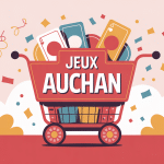 Scène festive jeu Auchan avec chariot de cartes