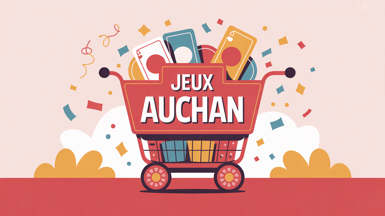 Scène festive jeu Auchan avec chariot de cartes