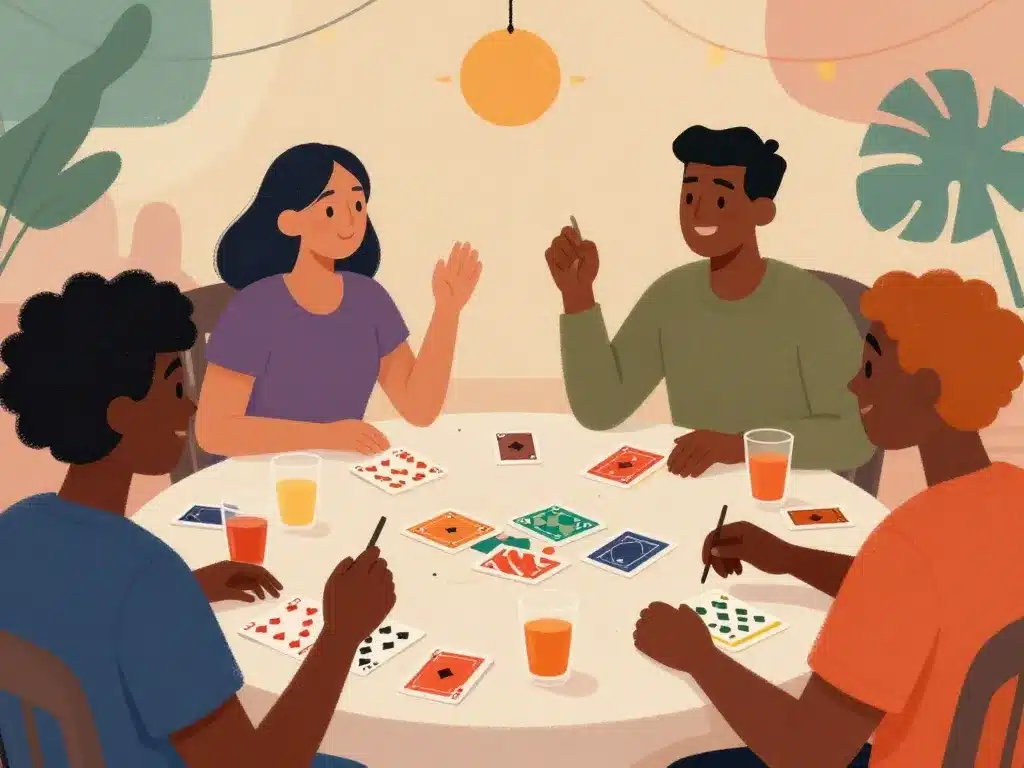 amis animant soirée avec jeu de carte alcool populaire