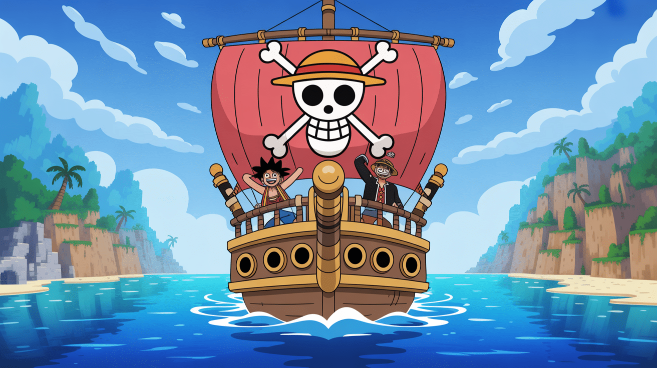 Navire pirate stylisé avec joueurs sur un serveur one piece minecraft