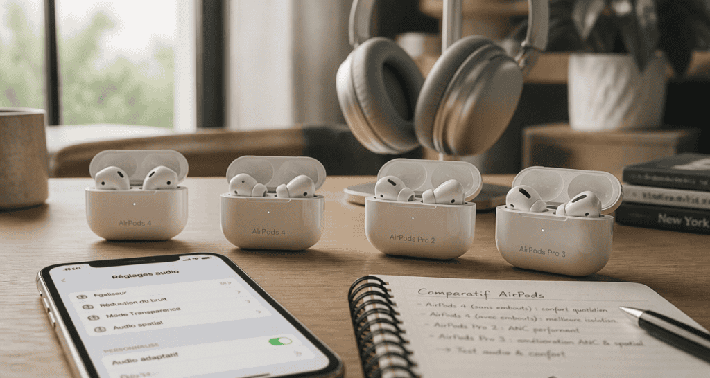 Comparatif AirPods tous modèles sur table