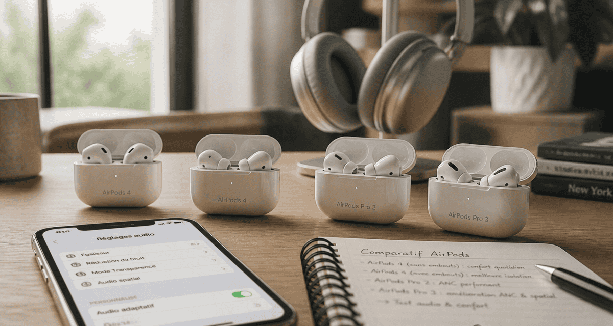 Comparatif AirPods tous modèles sur table