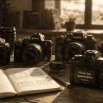 Comparatif appareil photo hybride et reflex sur table