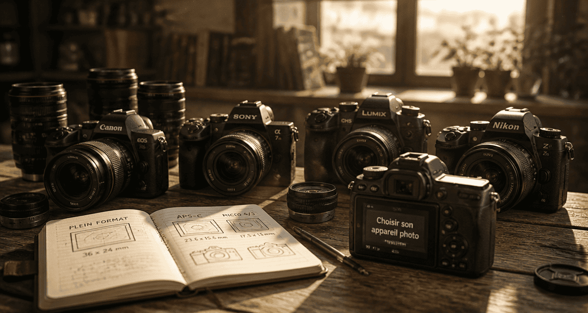 Comparatif appareil photo hybride et reflex sur table