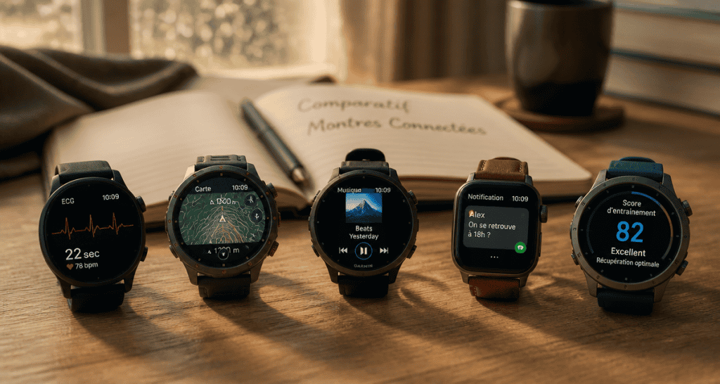 Comparatif montre connectée, cinq modèles affichant différentes fonctions