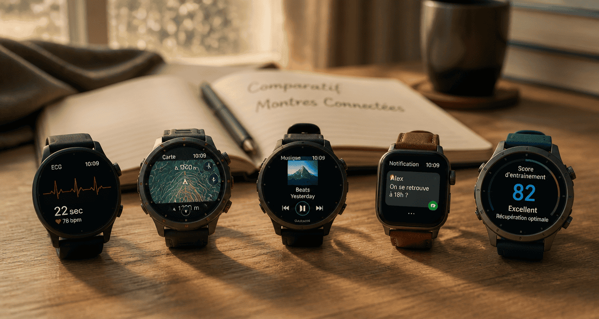 Comparatif montre connectée, cinq modèles affichant différentes fonctions