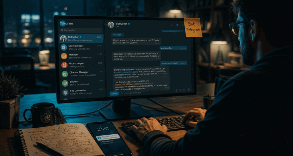 Développeur créant un bot telegram avec BotFather