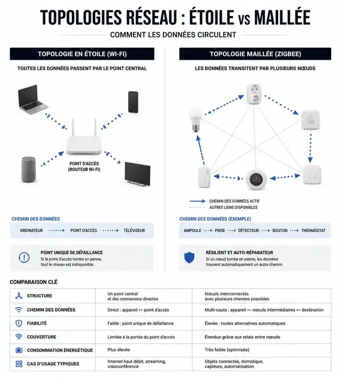 Schéma comparatif topologie réseau Zigbee maillé vs Wi-Fi étoile pour domotique