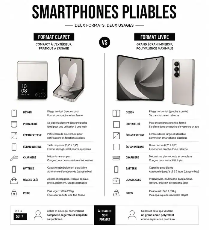 Comparatif des formats de smartphones pliables : clapet vs livre pour choisir le meilleur smartphone pliable