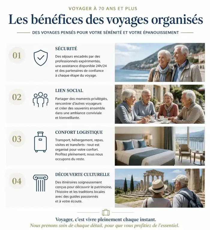 Infographie des avantages des voyages organisés pour personnes seules de 70 ans