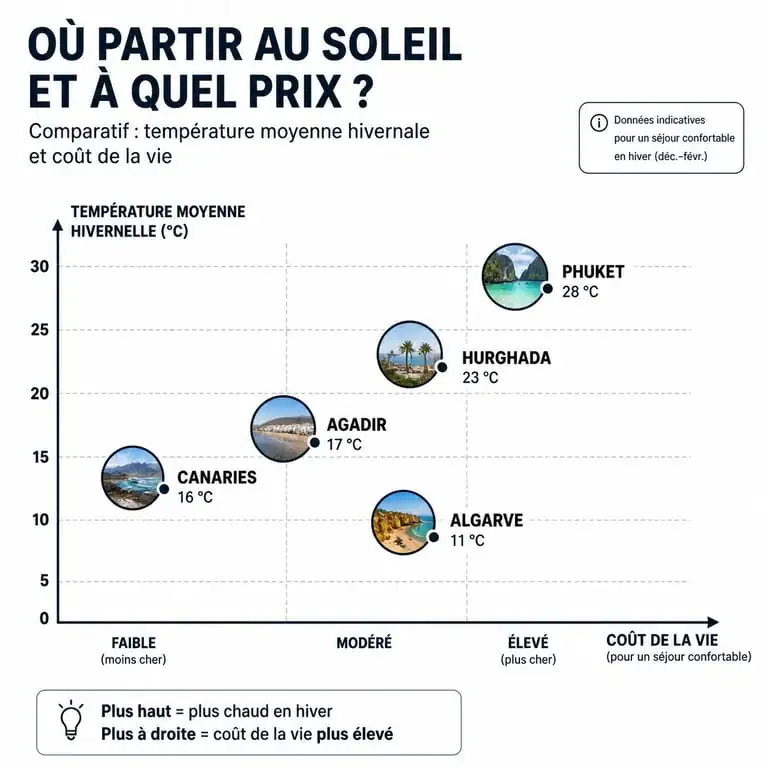 Infographie comparative des destinations soleil pas cher en hiver selon le coût de la vie et la température