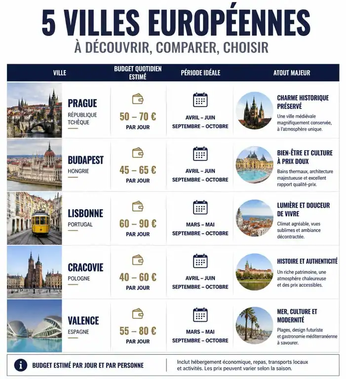 Comparatif des villes d'Europe : budget, période idéale et atouts pour votre prochain city-trip