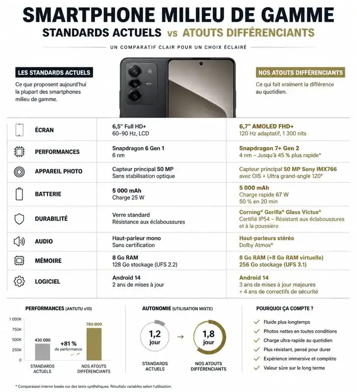 Infographie comparative des caractéristiques du meilleur smartphone milieu de gamme