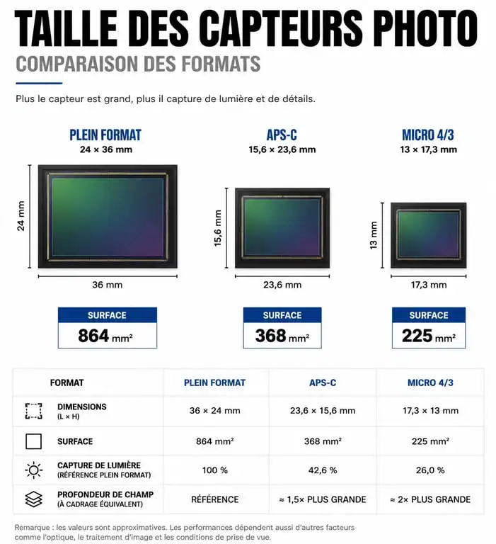 Comparatif des tailles de capteurs photo : Plein Format, APS-C et Micro 4/3