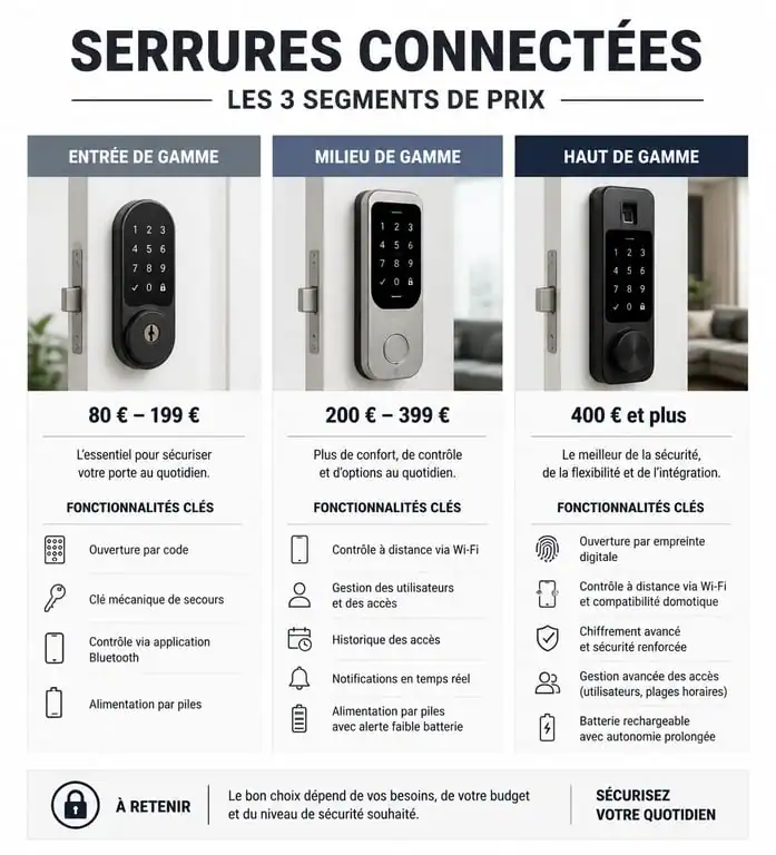 Infographie comparative des prix et fonctionnalités des serrures connectées