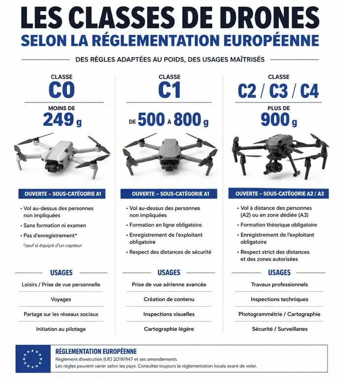 Infographie comparative des classes de poids et réglementation pour drone comparatif