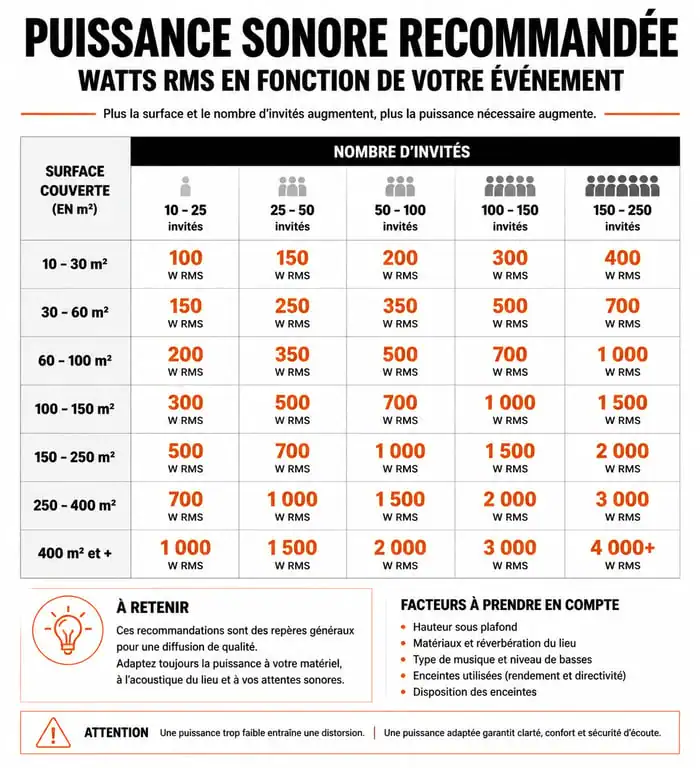 Tableau récapitulatif des puissances d'enceintes en Watts RMS recommandées par m2 et par nombre d'invités pour une sonorisation optimale