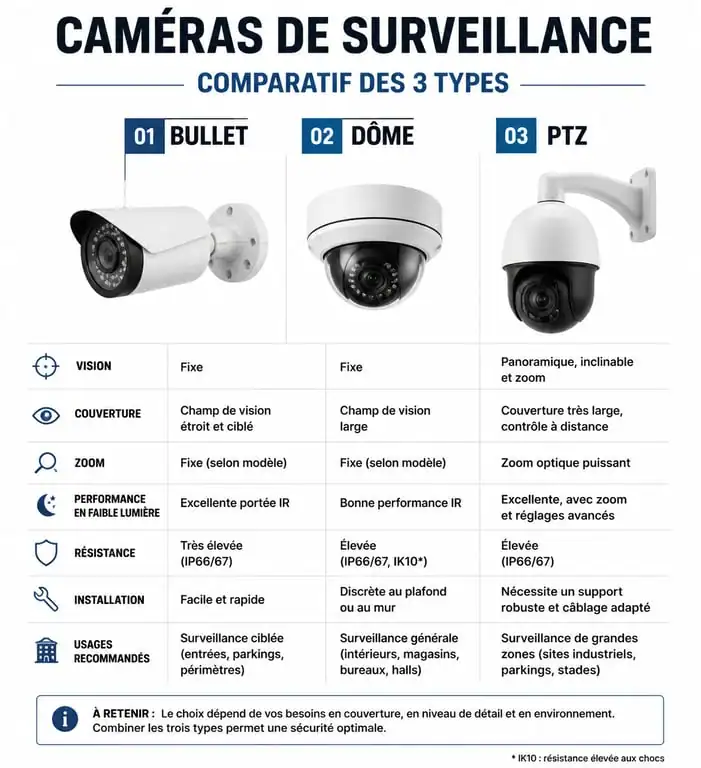 Infographie comparative des types de caméras de surveillance : Bullet, Dôme et PTZ pour choisir sa caméra de surveillance