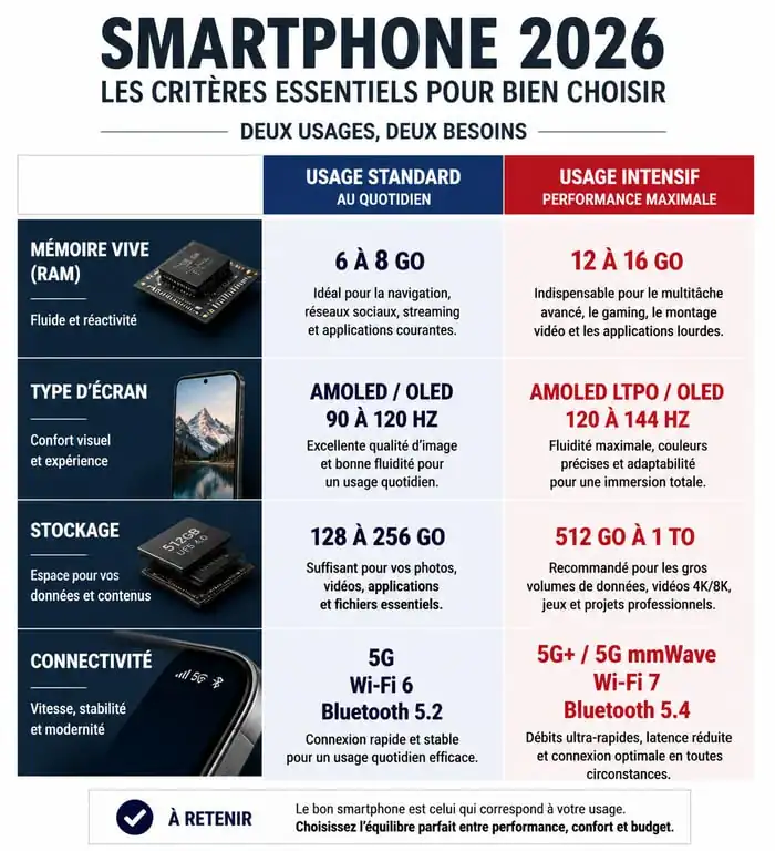 Infographie des critères de choix pour quel smartphone choisir en 2026