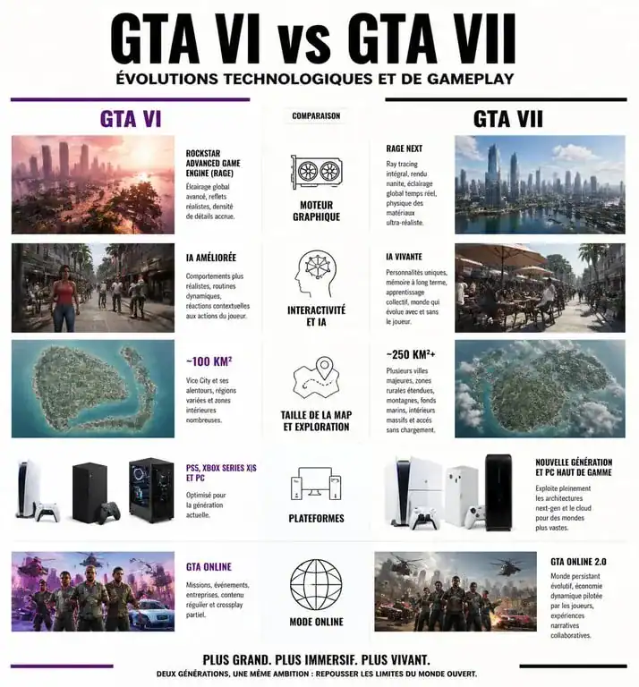 Infographie comparative des innovations attendues entre GTA 6 et GTA 7