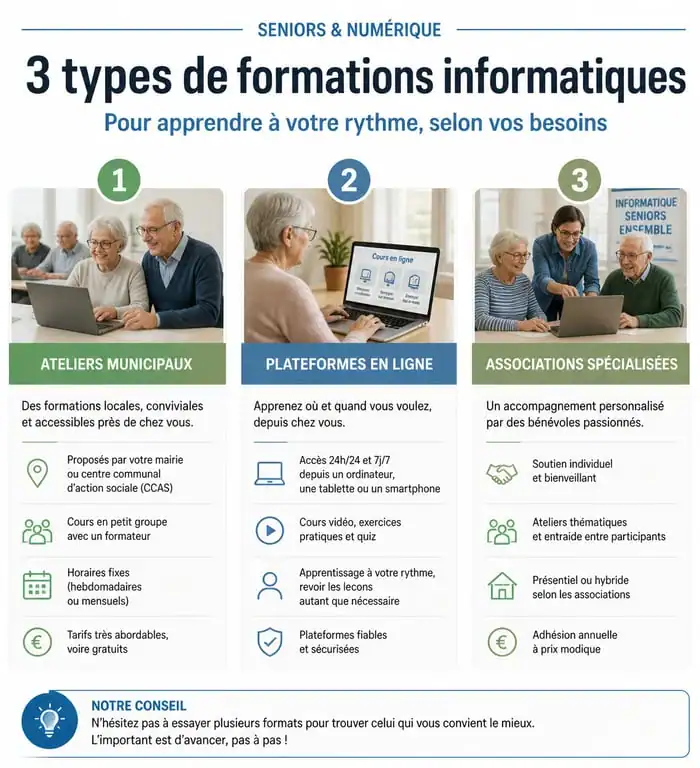 Infographie des types de cours informatique pour seniors : ateliers municipaux, plateformes en ligne et associations