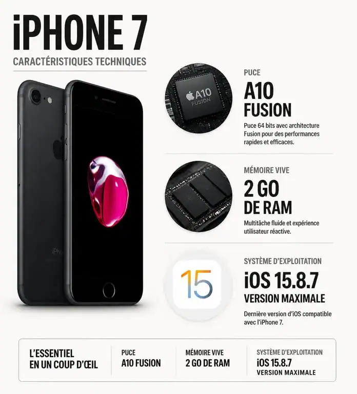 Infographie des caractéristiques techniques et de la version iOS maximale pour iPhone 7