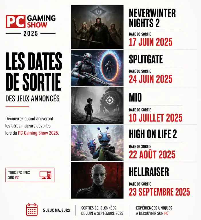 Infographie des dates de sortie des jeux du PC Gaming Show 2025