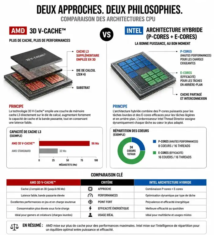 Infographie comparative des architectures processeur AMD Ryzen et Intel Core pour le choix de son comparatif processeur