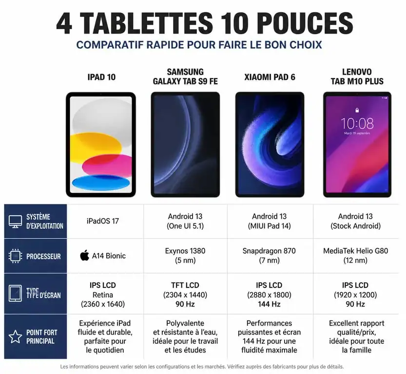 Comparatif des meilleures tablettes 10 pouces 2025 : iPad, Samsung, Xiaomi et Lenovo
