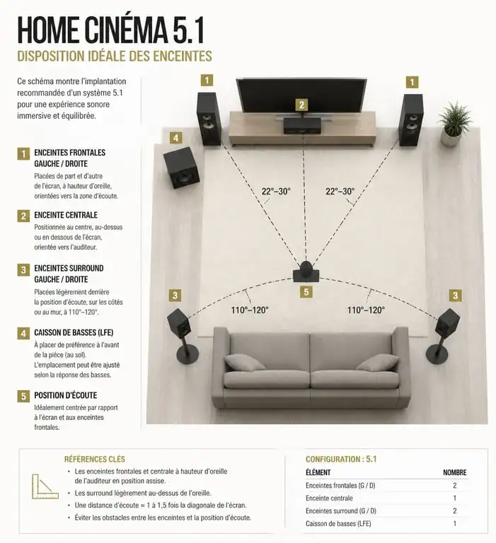 Schéma de placement des enceintes pour un pack home cinéma 5.1