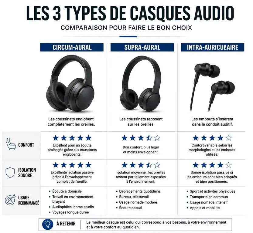 Infographie comparative des types de casques audio : circum-aural, supra-aural et intra-auriculaire pour choisir le meilleur casque audio