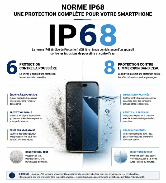 Explication de la norme IP68 sur les smartphones : protection contre la poussière et l'eau