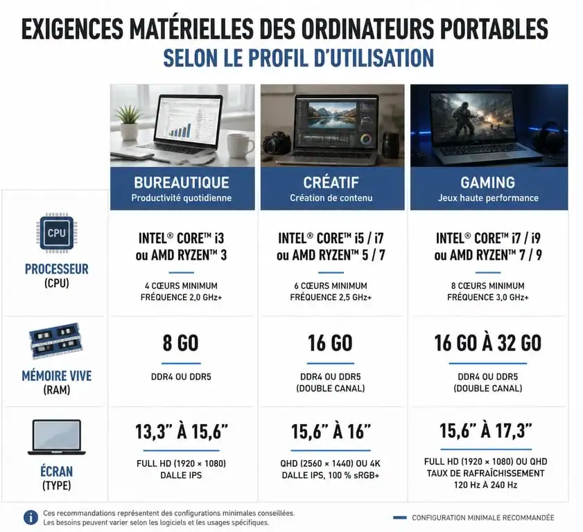 Infographie des configurations recommandées pour choisir son PC portable selon l'usage
