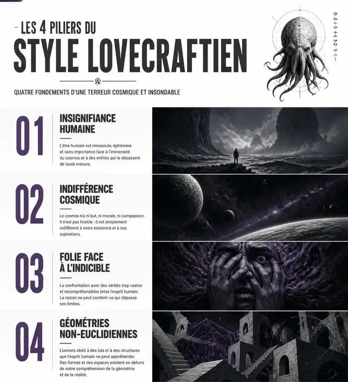Infographie des piliers du style lovecraftien : insignifiance, horreur cosmique et folie.