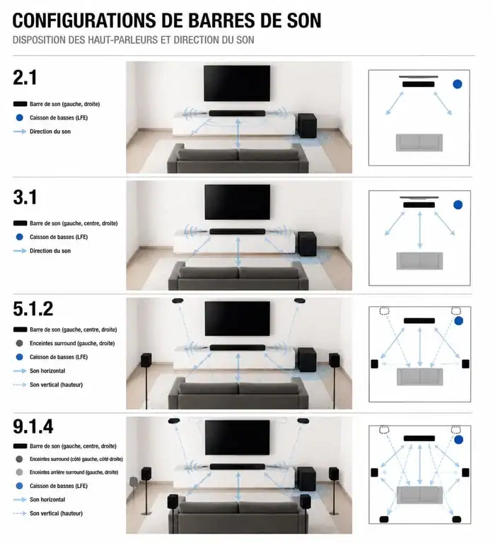 Schéma comparatif des configurations de canaux pour barres de son 2.1 à 9.1.4
