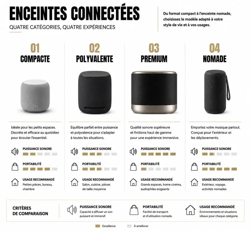 Infographie comparative des différents types d'enceintes connectées pour choisir le modèle adapté à ses besoins
