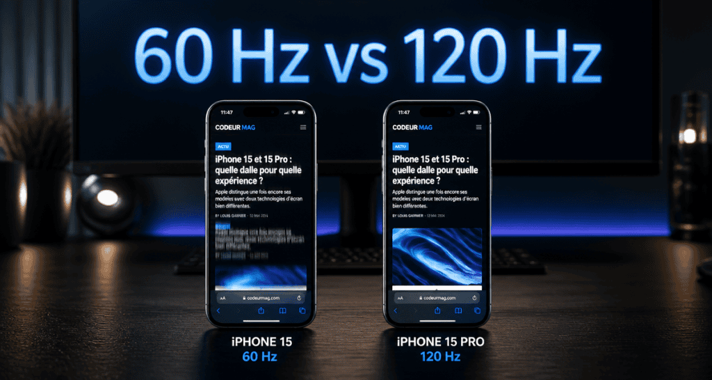 Comparatif iPhone 15 120hz vs 60hz sur table