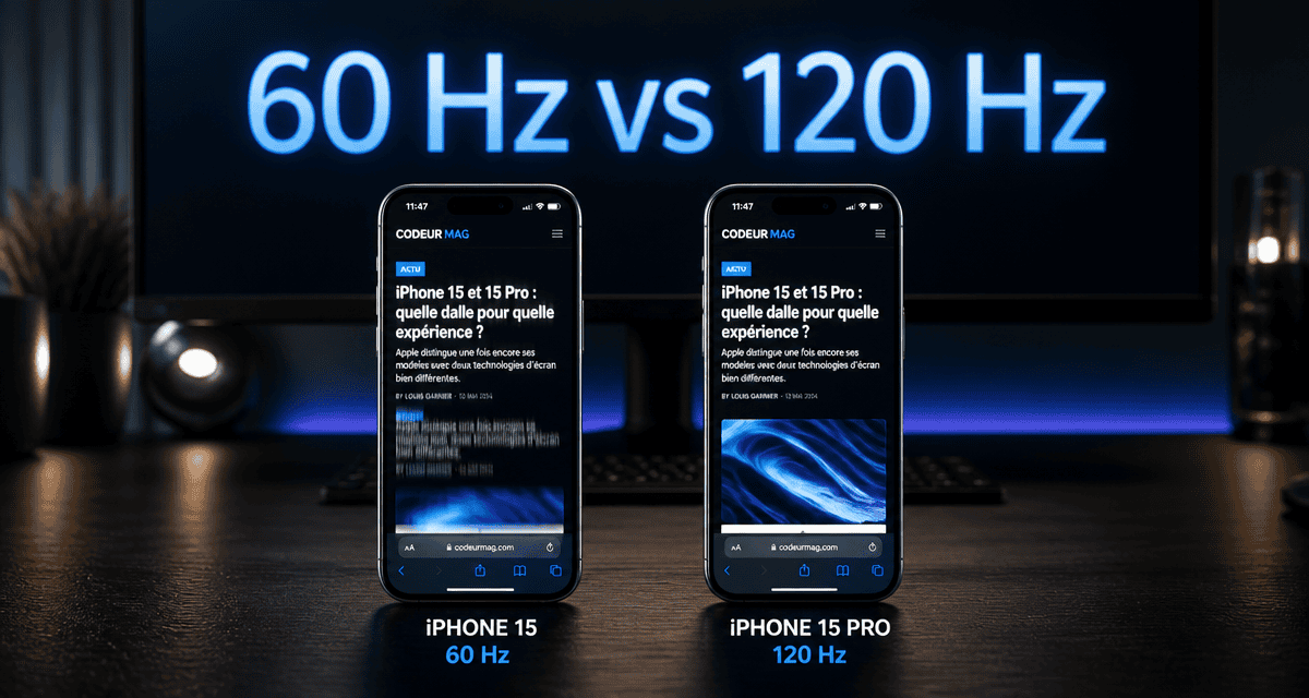 Comparatif iPhone 15 120hz vs 60hz sur table
