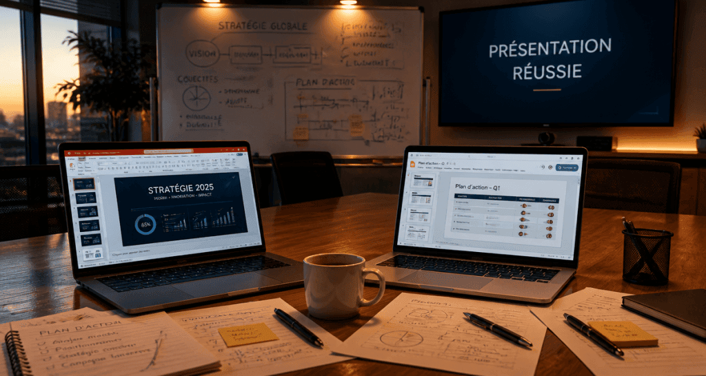 Nommez deux logiciels permettant de créer un diaporama de présentation