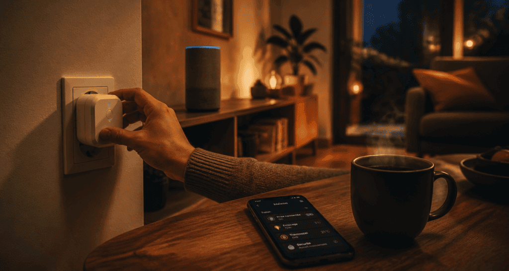 prise alexa branchée dans salon moderne