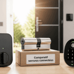 Trois serrures connectées prix sur table bois clair
