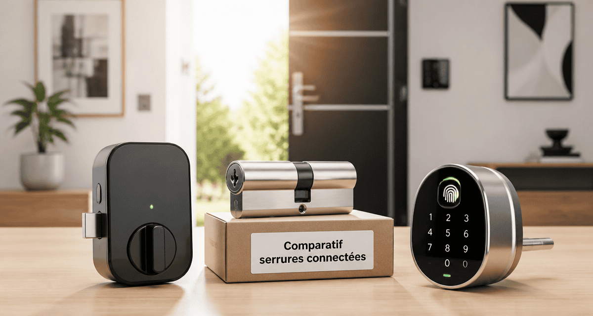 Trois serrures connectées prix sur table bois clair