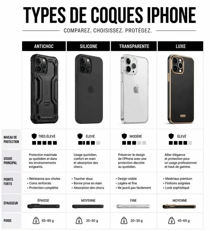 Infographie comparative des meilleures coques iPhone : protection, style et matériaux