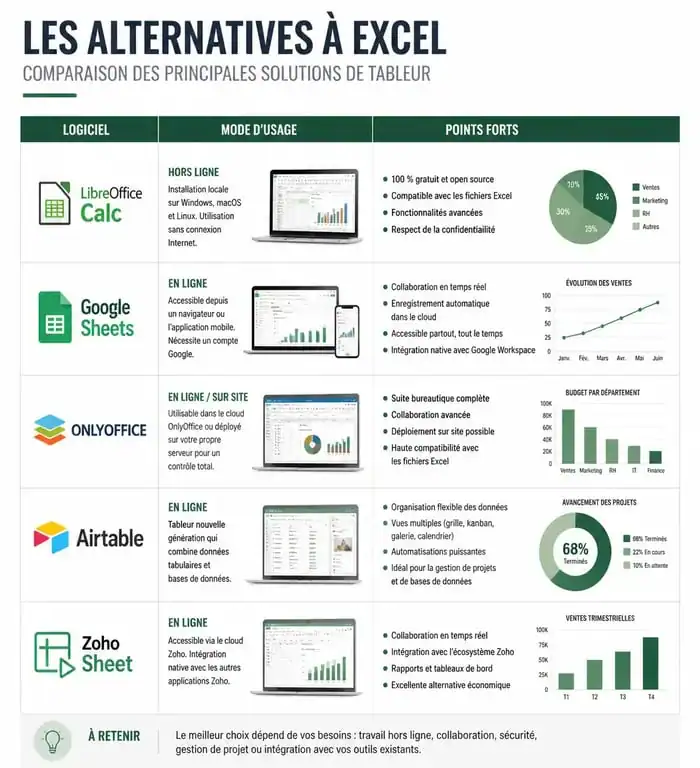 Infographie comparative des meilleures alternatives à Excel pour le travail collaboratif et la gestion de données