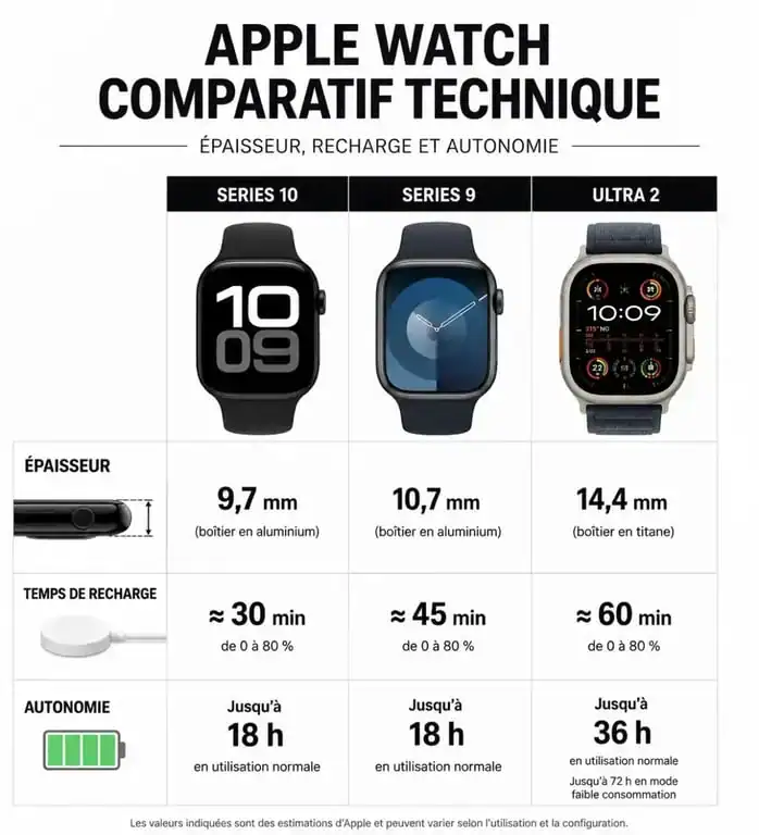 Tableau comparatif des caractéristiques techniques de l'Apple Watch Series 10, Series 9 et Ultra 2 pour le test de l'Apple Watch 10