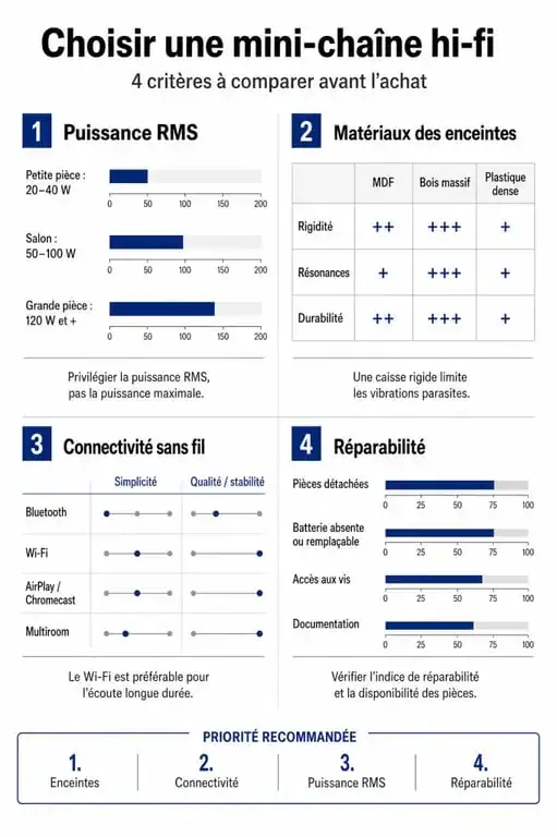 Comparatif des critères techniques pour choisir une mini-chaîne hifi de qualité