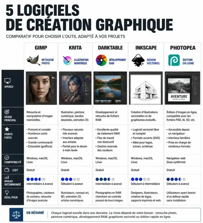 Infographie comparative des meilleures alternatives libres à Adobe Photoshop : GIMP, Krita, Darktable, Inkscape et Photopea.