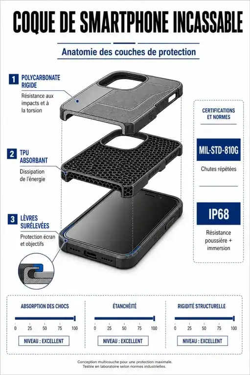 Infographie comparative des technologies et certifications des coques incassables pour smartphone