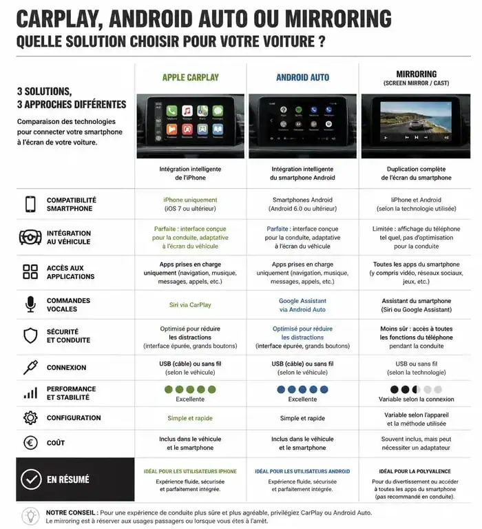 Comparatif des fonctionnalités entre Apple CarPlay, Android Auto et les applications de mirroring pour smartphone.